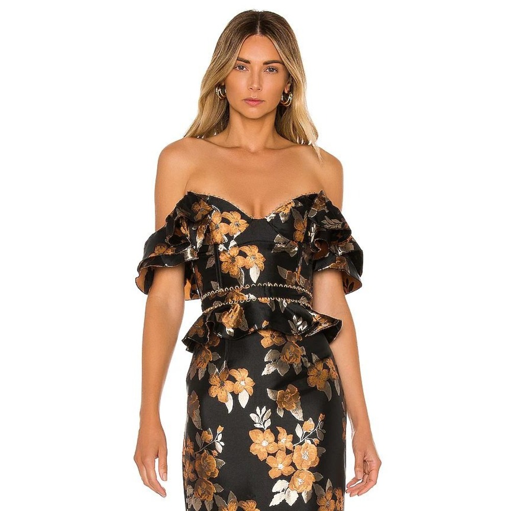 V. Chapman Viennese Blouse Baroque Sunset Black Gold Size 2 Floral Brocade Top